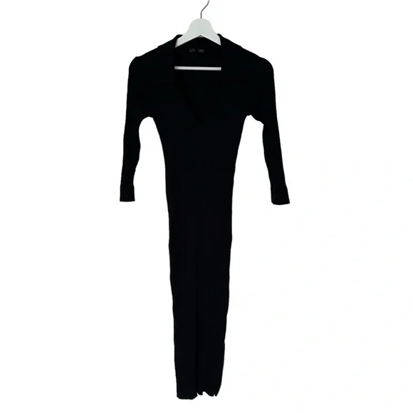 DYNAMITE BLACK RIBBED MAXI DRESS WITH V-NECK, COLLAR & SIDE SLIT | SIZE SMALL - Picture 9 of 15